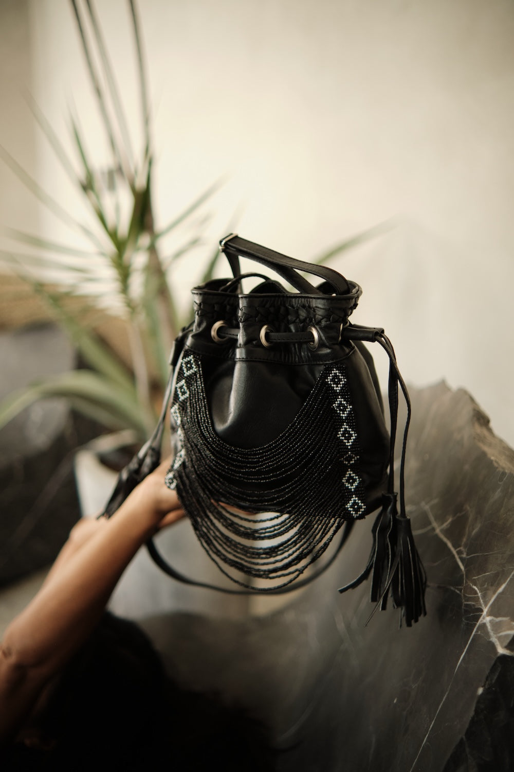 Beaded Bucket Bag- Black