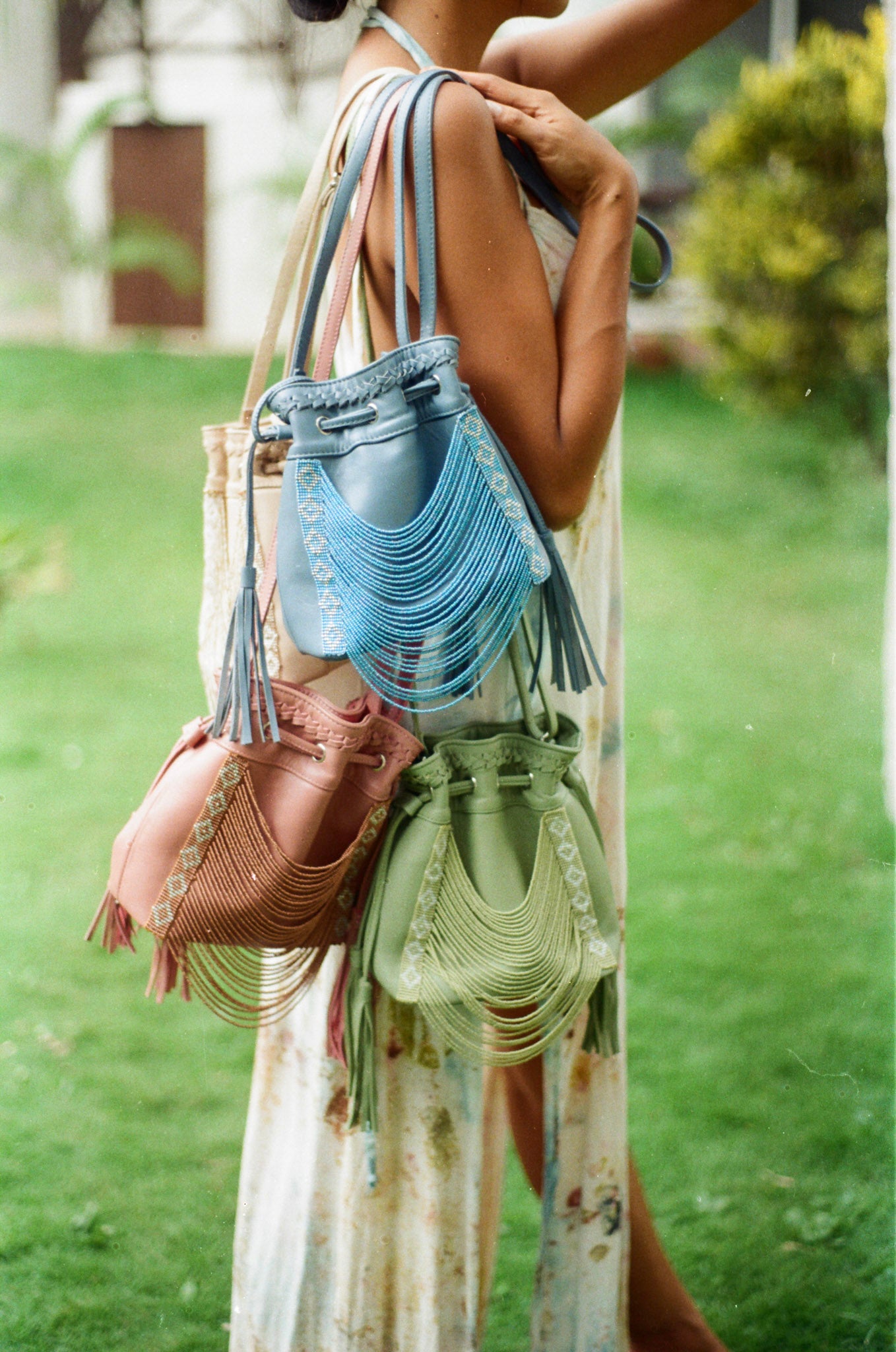 Beaded Bucket Bag - Sage Green