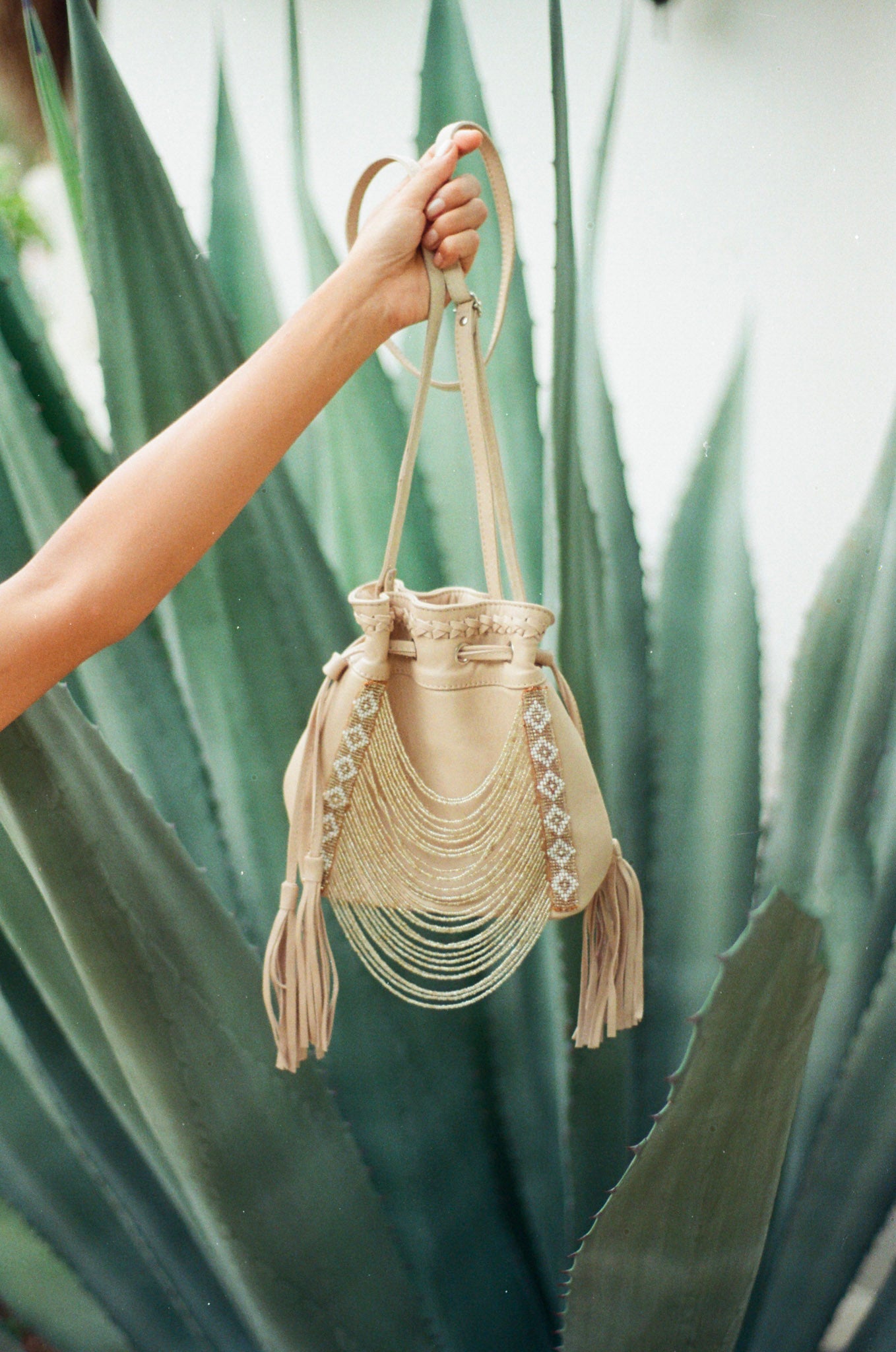 Beaded Bucket Bag - Sand Gold